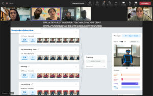 Group of trainees from DSS and their coordinator, sharing their advances of their digital solution. The team is programming teachable machine to detect the teacher's body language and give them feedback to improve their non-verbal communication in class.